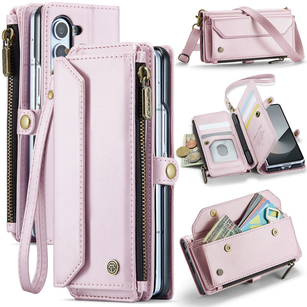 Galaxy Z Fold 6 CaseMe Crossbody Wallet Case with Strap, Card Slots & Zipper Pocket [Pink]