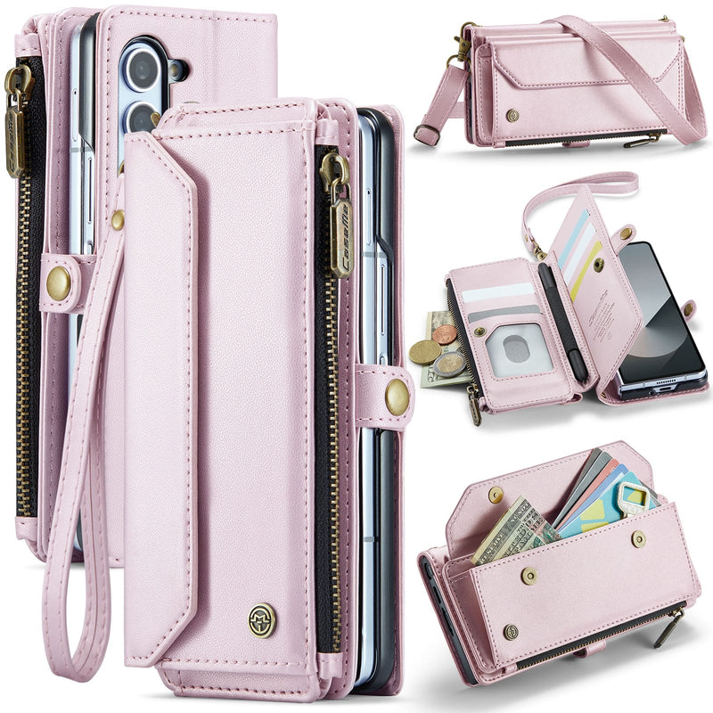 Galaxy Z Fold 6 CaseMe Crossbody Wallet Case with Strap, Card Slots & Zipper Pocket [Pink]