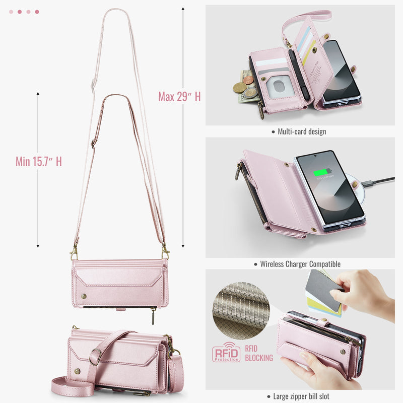 Galaxy Z Fold 6 CaseMe Crossbody Wallet Case with Strap, Card Slots & Zipper Pocket [Pink]