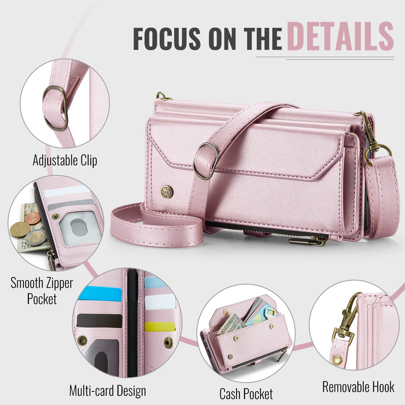 Galaxy Z Fold 6 CaseMe Crossbody Wallet Case with Strap, Card Slots & Zipper Pocket [Pink]