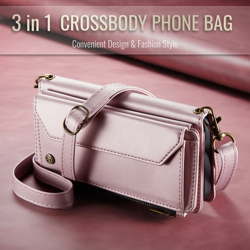 Galaxy Z Fold 6 CaseMe Crossbody Wallet Case with Strap, Card Slots & Zipper Pocket [Pink]