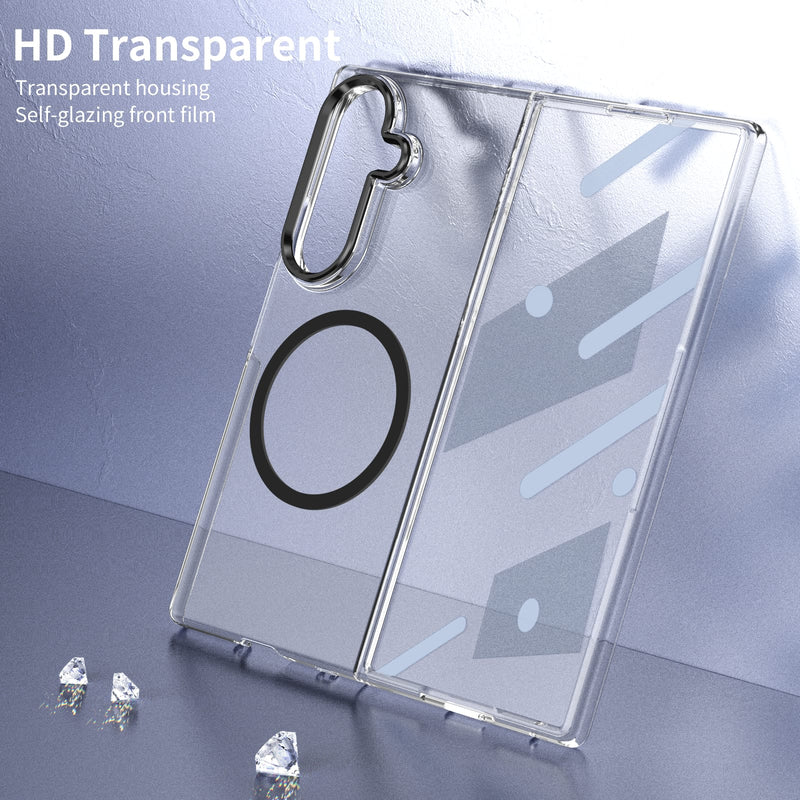 Crystal-clear Magnetic Ring Case for Samsung Galaxy Z Fold 7 with Tempered Glass [Black]