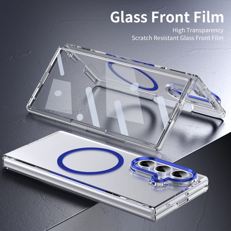 Crystal-clear Magnetic Ring Case for Samsung Galaxy Z Fold 7 with Tempered Glass [Blue]