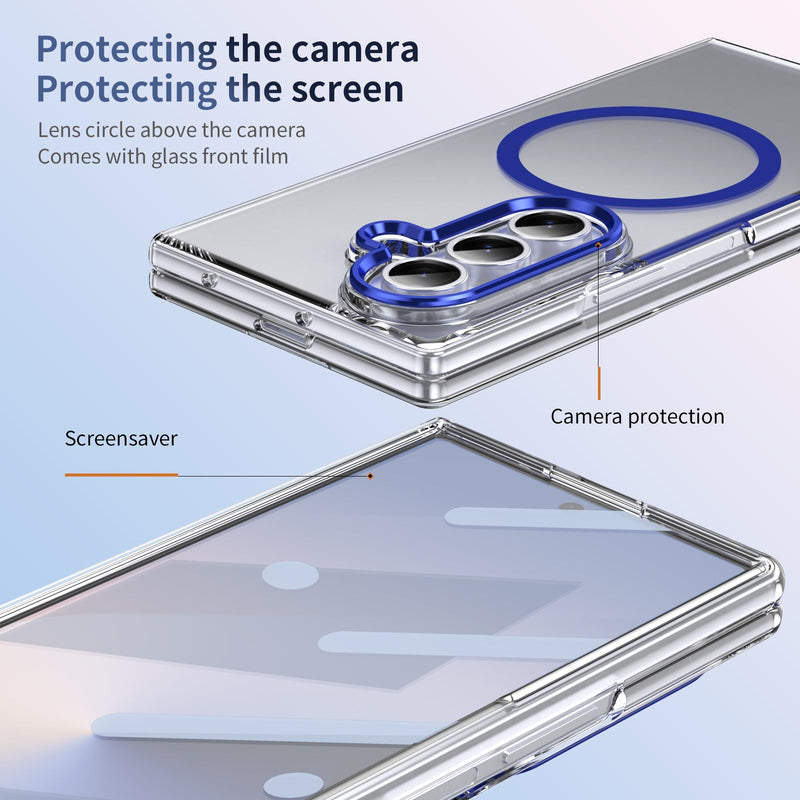 Crystal-clear Magnetic Ring Case for Samsung Galaxy Z Fold 7 with Tempered Glass [Blue]