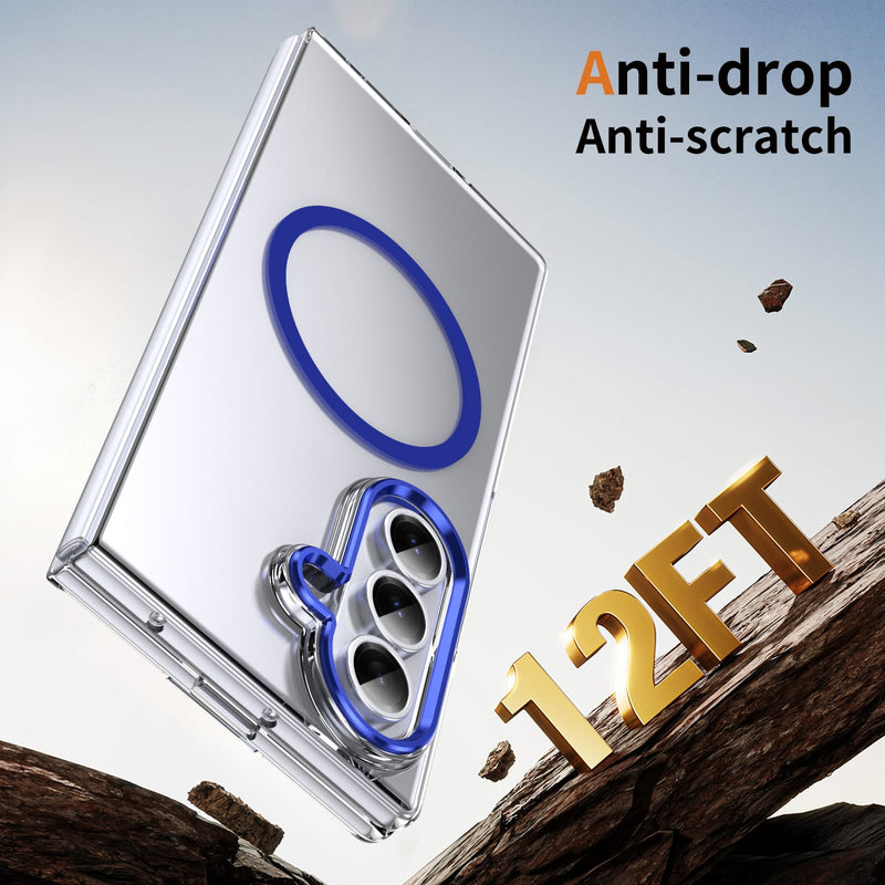 Crystal-clear Magnetic Ring Case for Samsung Galaxy Z Fold 7 with Tempered Glass [Blue]