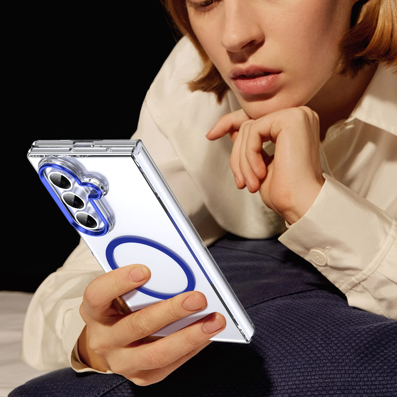 Crystal-clear Magnetic Ring Case for Samsung Galaxy Z Fold 7 with Tempered Glass [Blue]