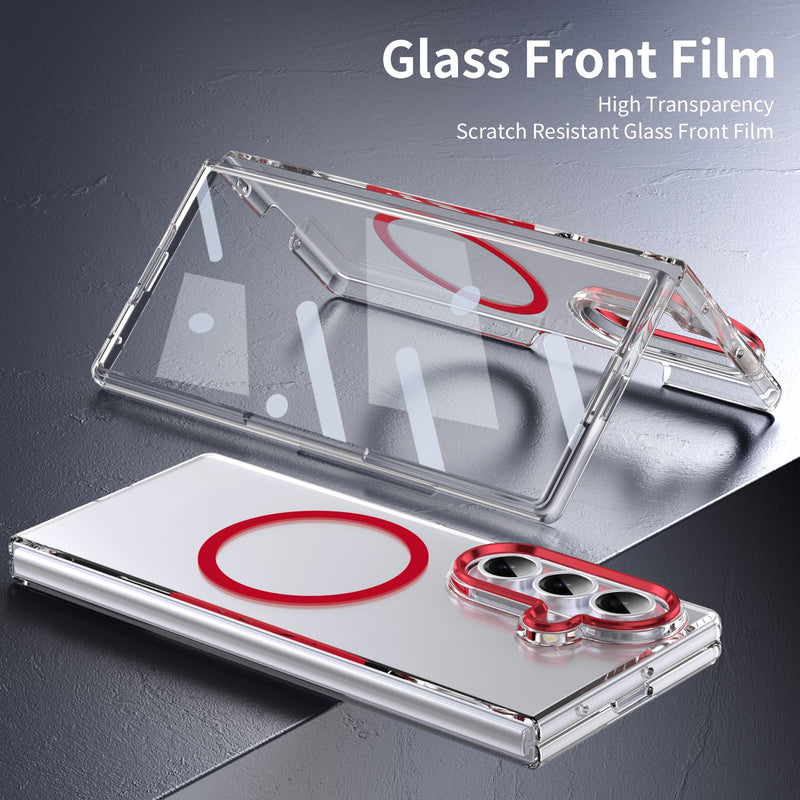 Crystal-clear Magnetic Ring Case for Samsung Galaxy Z Fold 7 with Tempered Glass[Red]