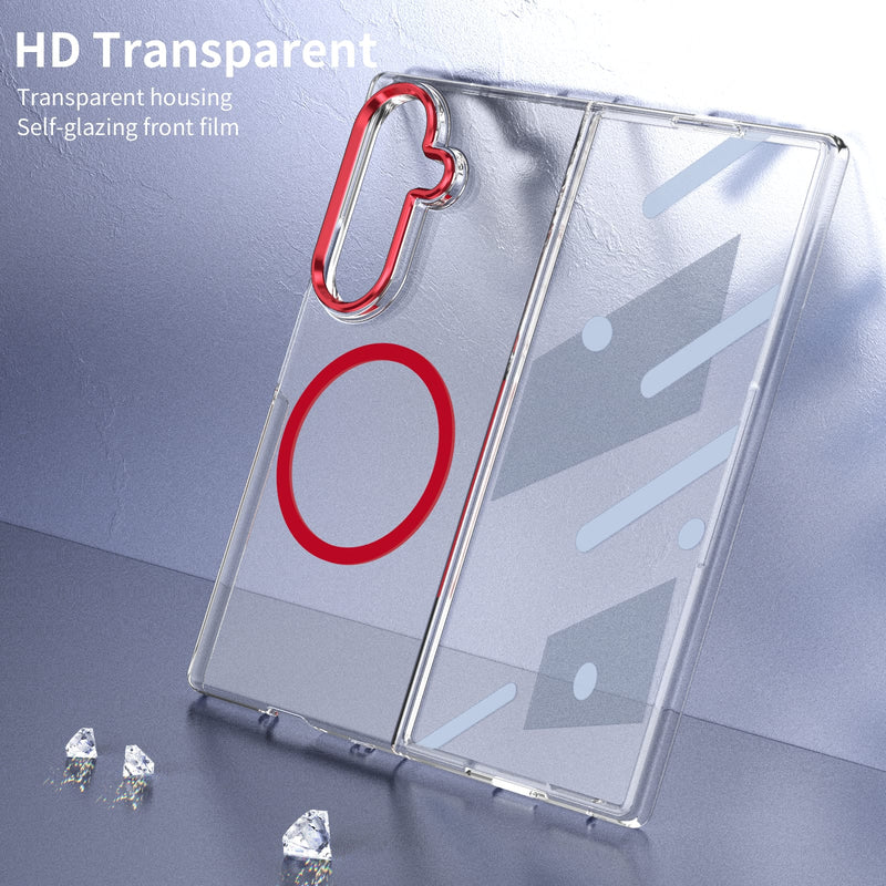 Crystal-clear Magnetic Ring Case for Samsung Galaxy Z Fold 7 with Tempered Glass[Red]