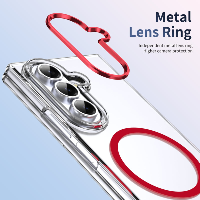 Crystal-clear Magnetic Ring Case for Samsung Galaxy Z Fold 7 with Tempered Glass[Red]