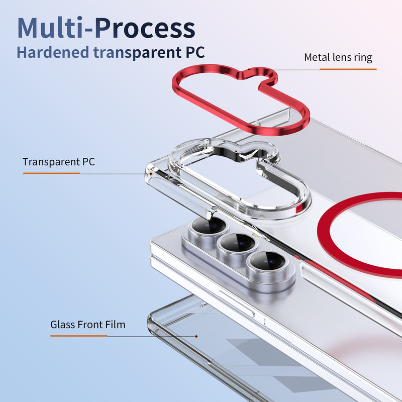 Crystal-clear Magnetic Ring Case for Samsung Galaxy Z Fold 7 with Tempered Glass[Red]