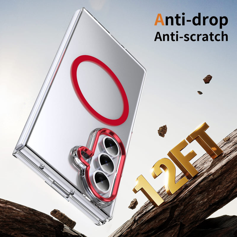 Crystal-clear Magnetic Ring Case for Samsung Galaxy Z Fold 7 with Tempered Glass[Red]