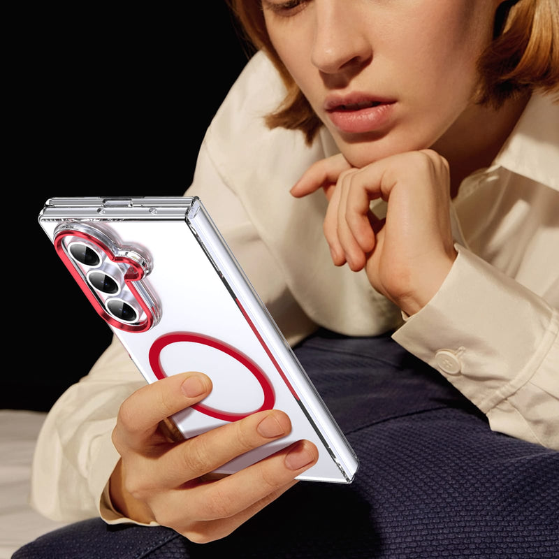 Crystal-clear Magnetic Ring Case for Samsung Galaxy Z Fold 7 with Tempered Glass[Red]