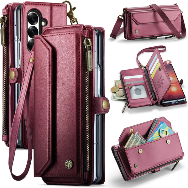 Galaxy Z Fold 7 CaseMe Crossbody Wallet Case with Strap, Card Slots & Zipper Pocket [Maroon]