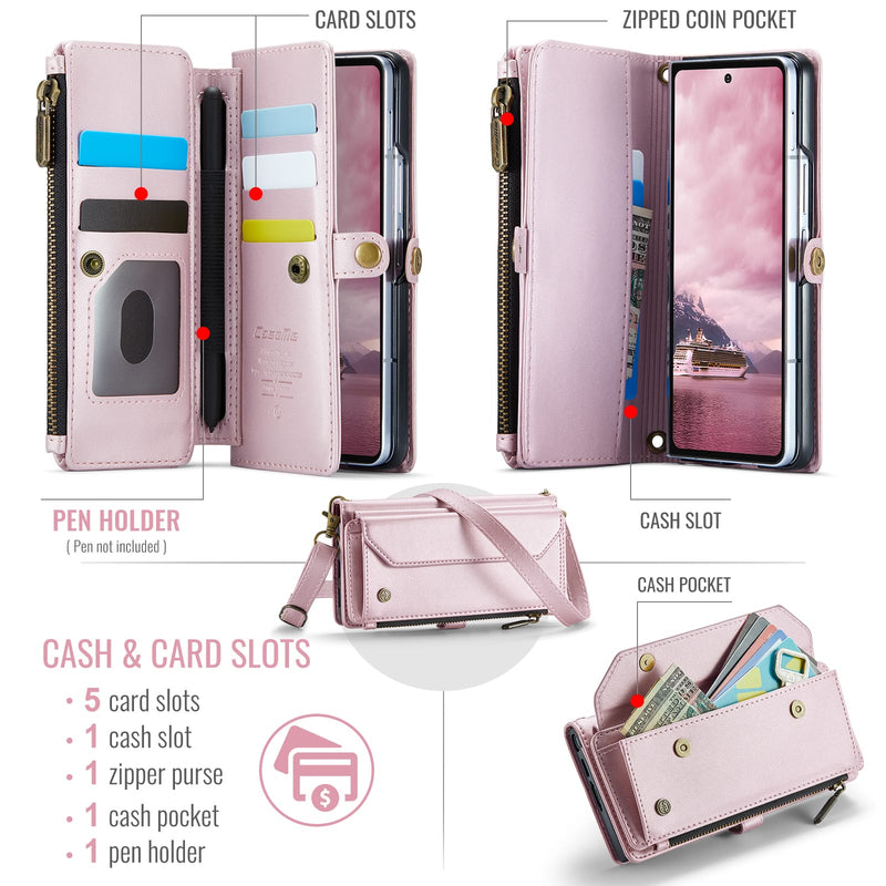 Galaxy Z Fold 7 CaseMe Crossbody Wallet Case with Strap, Card Slots & Zipper Pocket [Pink]