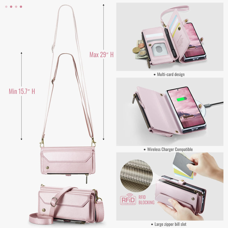 Galaxy Z Fold 7 CaseMe Crossbody Wallet Case with Strap, Card Slots & Zipper Pocket [Pink]