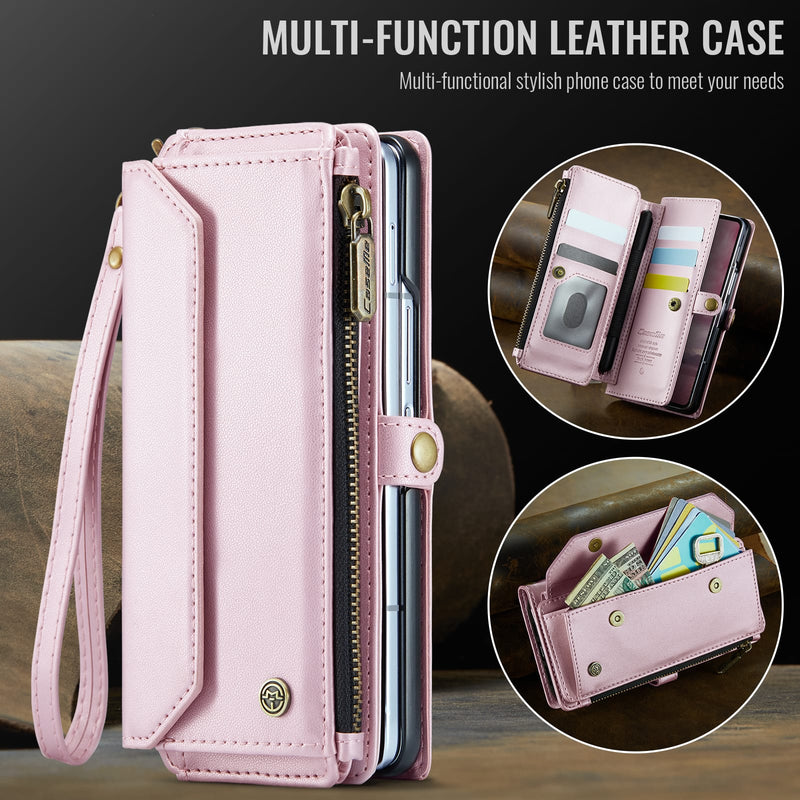 Galaxy Z Fold 7 CaseMe Crossbody Wallet Case with Strap, Card Slots & Zipper Pocket [Pink]