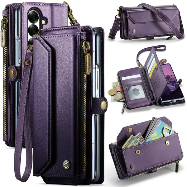 Galaxy Z Fold 7 CaseMe Crossbody Wallet Case with Strap, Card Slots & Zipper Pocket [Purple]