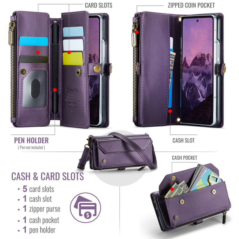 Galaxy Z Fold 7 CaseMe Crossbody Wallet Case with Strap, Card Slots & Zipper Pocket [Purple]