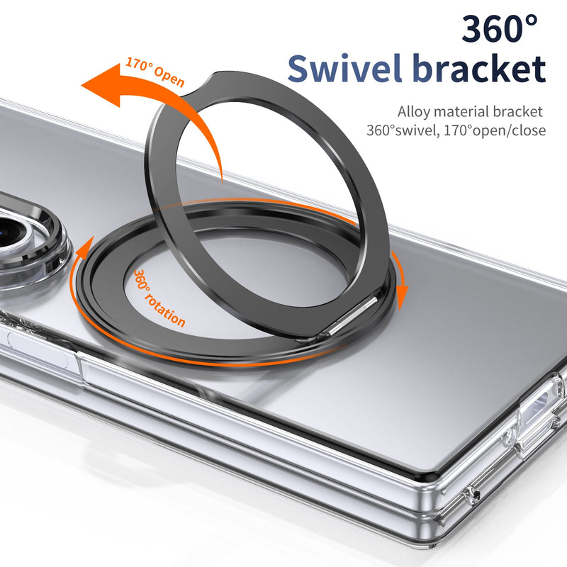 Clear 360°Rotating Magnetic Ring Stand Case for Samsung Galaxy Z Fold 7 with Tempered Glass [Black]