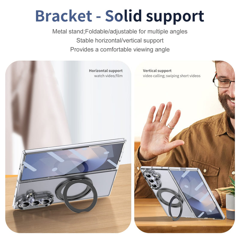 Clear 360°Rotating Magnetic Ring Stand Case for Samsung Galaxy Z Fold 7 with Tempered Glass [Black]