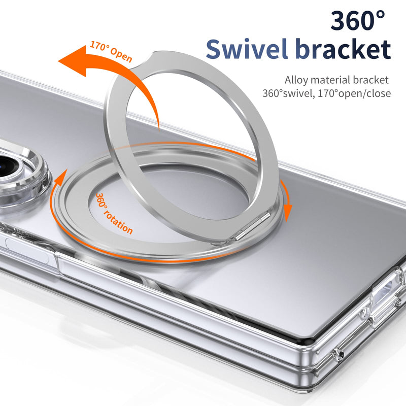 Clear 360°Rotating Magnetic Ring Stand Case for Samsung Galaxy Z Fold 7 with Tempered Glass[Silver]