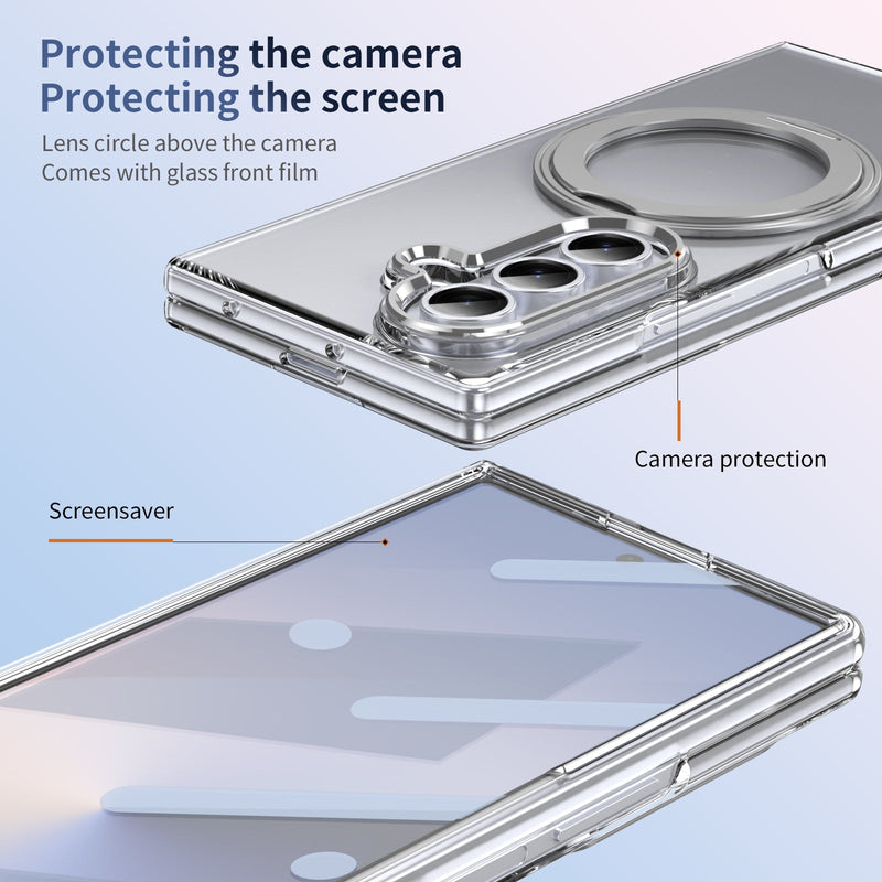 Clear 360°Rotating Magnetic Ring Stand Case for Samsung Galaxy Z Fold 7 with Tempered Glass[Silver]