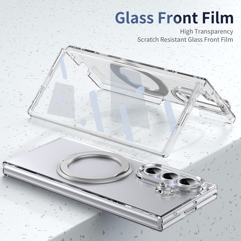 Clear 360°Rotating Magnetic Ring Stand Case for Samsung Galaxy Z Fold 7 with Tempered Glass[Silver]