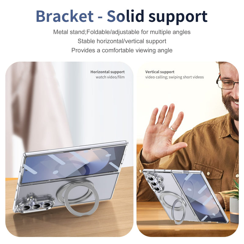 Clear 360°Rotating Magnetic Ring Stand Case for Samsung Galaxy Z Fold 7 with Tempered Glass[Silver]